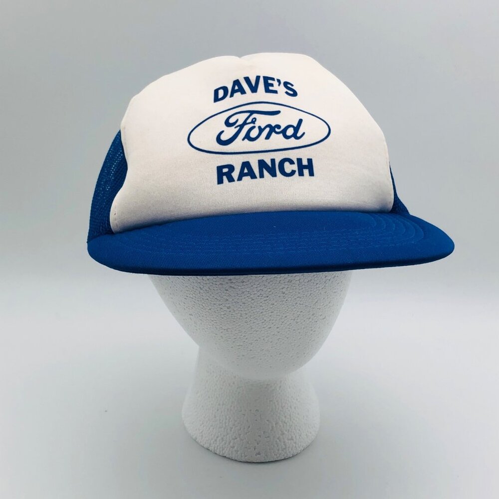 Vintage Dave's Ford Ranch Trucker Hat White & Blue Mesh Snapback Cap One Size